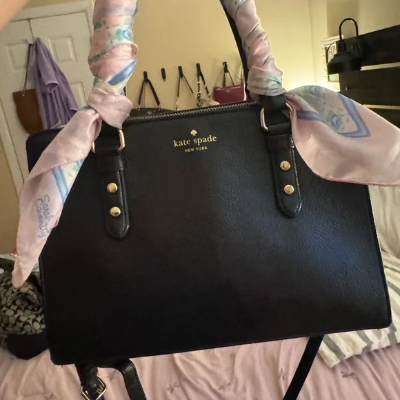 kate spade black leather satchel with pink scarf-wrapped handle - Picture 2 of 6